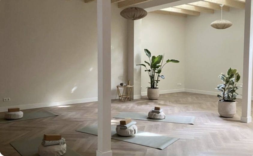 Calm, airy studio room with herringbone wood floors, yoga mats, cushions, and large plants
