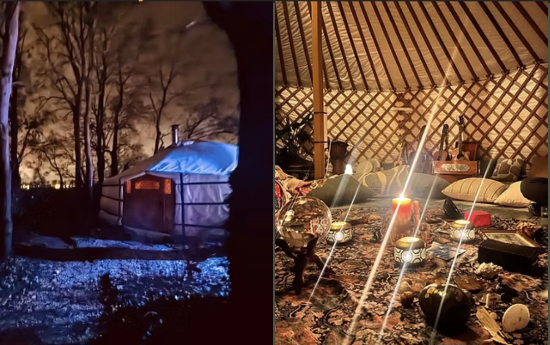 Exterior and interior of a candlelit yurt venue used for the invite-only June 4 evening